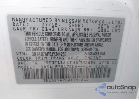 2018 Nissan Sentra Sr from USA, damaged, VIN 3N1AB7AP5JY344260